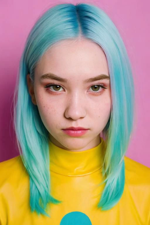 Film still, cinematic,, flash photography, 2005 cute emo woman by sachin teng, scene girl, pastel hair, vibrant yellow background, 80s art by ettore sottsass and shiro kuramata, sharp focus, detailed skin texture, detailed eyes,