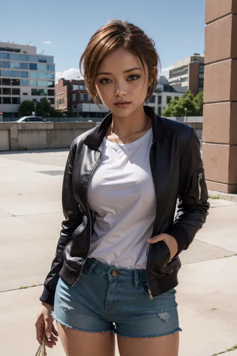 (masterpiece, best quality, high resolution:1.2), (dynamic angle), detailed background,
HDR, shot on Canon 5D Mark II, lifelike texture, depth of field,
detailed face, detailed eyes, detailed skin, extremely detailed, intricate details,
(1girl, 22 years old), <lora:ZH_TilaTequil4_v1:1>, zh_tilatequil4, solo, realistic, short hair, lips, medium breasts, slight smile, shirt, shorts, jacket, <lora:ZH_ShotByElsaBleda_v1:0.3>, ((zh_shot_by_elsa_bleda, scenery, city)),