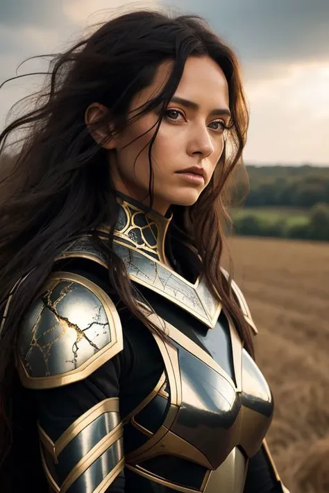 woman wearing kintsugi armor, outdoors, setting sun, long hair, windblown hair, close-up, black kintsugi, eye contact, clouds, medieval farm fields