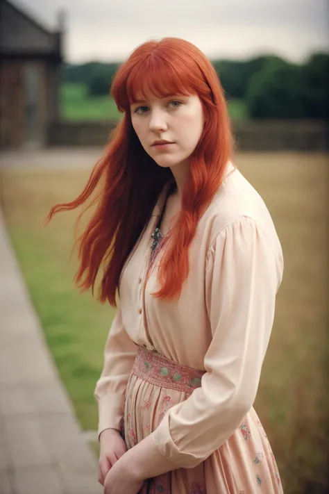 art by Margaret Macdonald Mackintosh, photograph, Female, Hands in Pockets, Red hair styled as Tousled, soft focus, Ultrarealistic, Hopeless, film grain, dslr, Depth of field 270mm, Swirling Peach