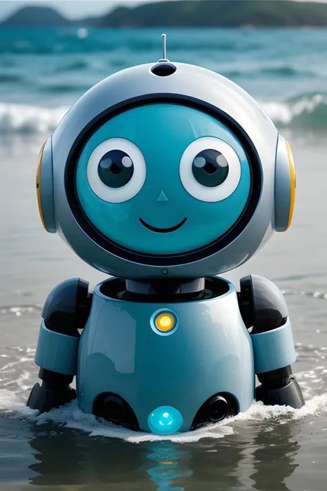 cute robot surfacing from the water, wet, water drops, big eyes, happy face, ocean, cinematic,