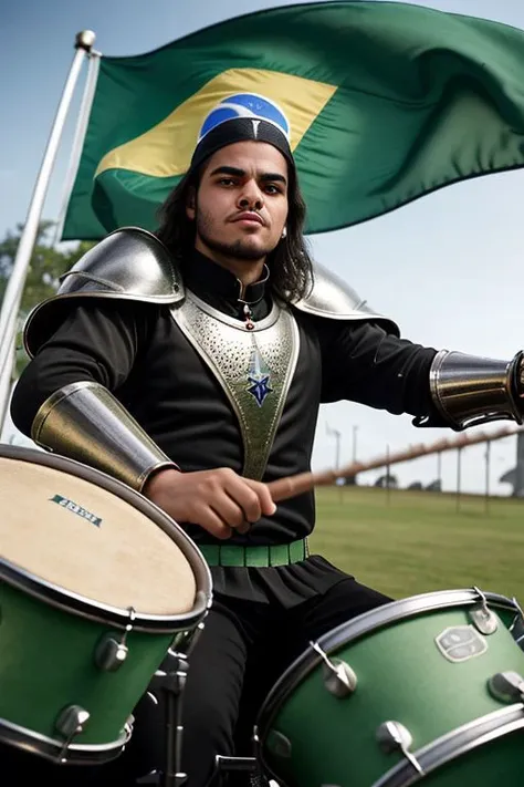 An up angle photo portrait of a brazilian young man, (medieval armor), metal reflections, outdoors, contrasting side sunlight, far away castle, eye contact, bokeh, blurry background, green brazilian flag, playing drums, sitting on a full drum set, (rock drum kit), holding drumsticks