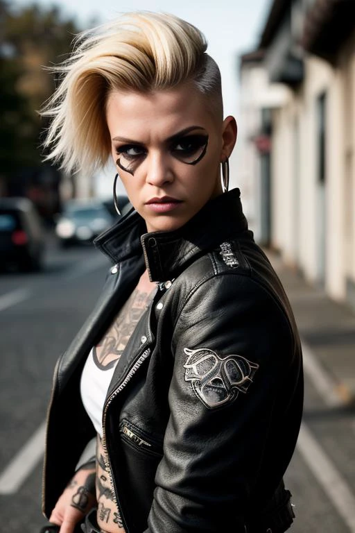 up angle from waist up, portrait photo showing a female biker on a street, leather jacket, tattoos and piercings. Contrasting light from one side. Side cut hair. Blonde hair. (posing:1.3), she says "Fuck you!", aggressive outlook, dangerous lady.