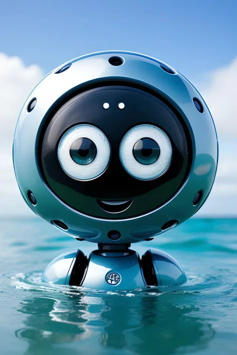 cute robot surfacing from the water, wet, water drops, big eyes, happy face, ocean, cinematic,