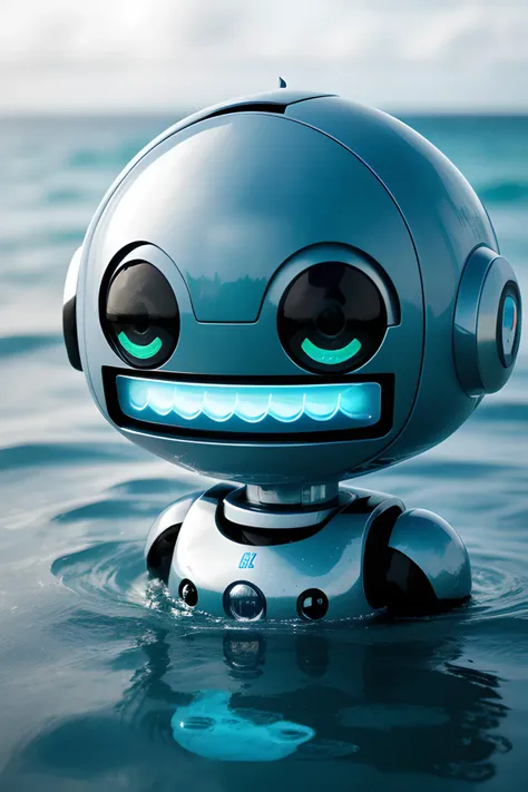 cute robot surfacing from the water, wet, water drops, big eyes, happy face, ocean, cinematic,