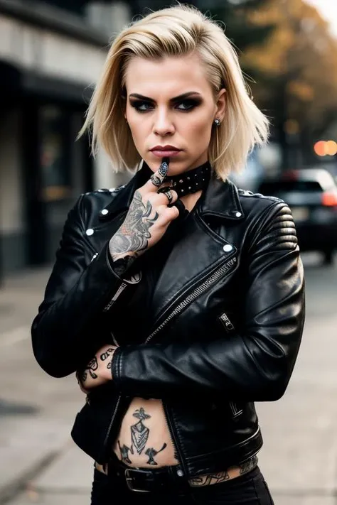 up angle from waist up, portrait photo showing a female biker on a street, leather jacket, tattoos and piercings. Contrasting light from one side. Side cut hair. Blonde hair. (posing:1.3),  she says "Fuck you!", aggressive outlook, dangerous lady.