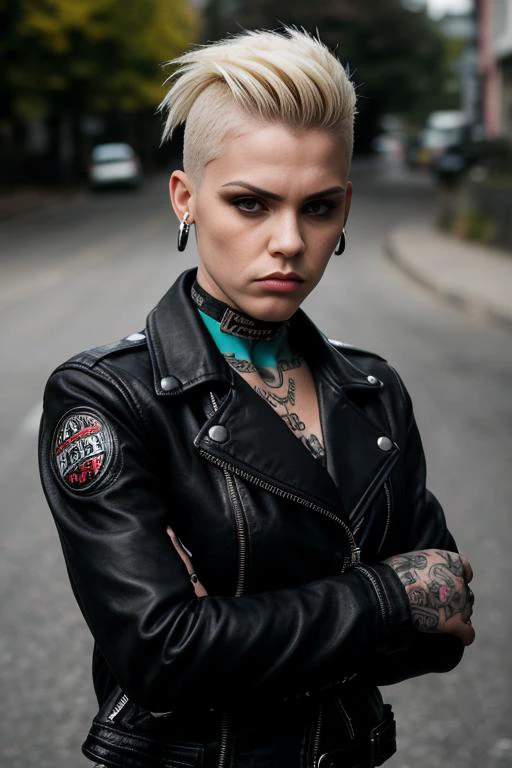 up angle from waist up, portrait photo showing a female biker on a street, leather jacket, tattoos and piercings. Contrasting light from one side. Side cut hair. Blonde hair. (posing:1.3),  she says "Fuck you!", aggressive outlook, dangerous lady.