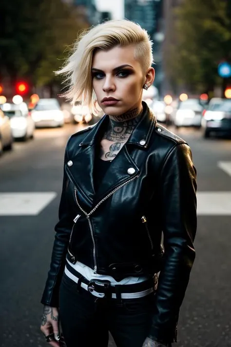 up angle from waist up, portrait photo showing a female biker on a street, leather jacket, tattoos and piercings. Contrasting light from one side. Side cut hair. Blonde hair. (posing:1.3), she says "Fuck you!", aggressive outlook, dangerous lady.