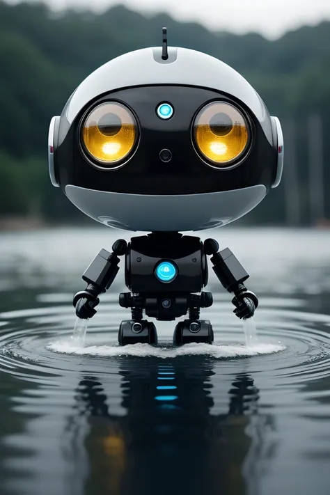 cute robot surfacing from the water, wet, water drops, big eyes, cinematic,