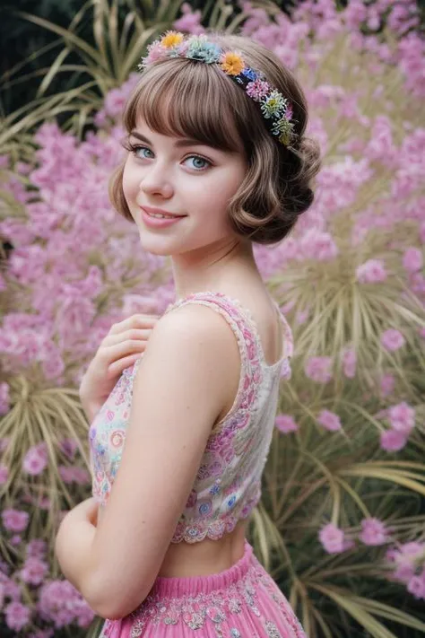 1960's photograph of 19 y/o woman jp-april-v2-350, Bouffant hairstyle, thick eyelashes , Pastel-colored slip with intricate embroidery , Psychedelic flower backdrop , Pentax Spotmatic, 50mm f/1.4, 1/125s, ISO 100, Ilford FP4 <lora:more_details:0.8>