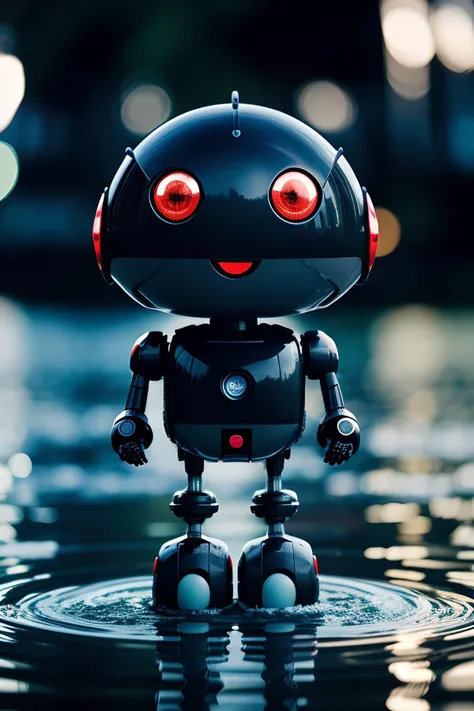 cute robot surfacing from the water, wet, water drops, big eyes, cinematic,