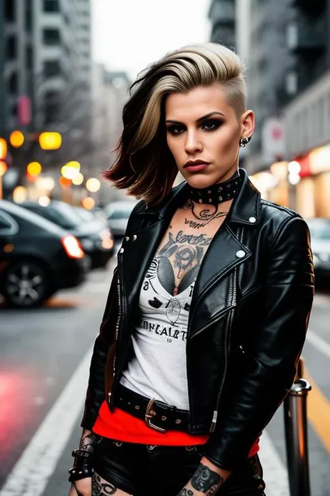 up angle from waist up, portrait photo showing a female biker on a street, leather jacket, tattoos and piercings. Contrasting light from one side. Side cut hair. Blonde hair. (posing:1.3), she says "Fuck you!", aggressive outlook, dangerous lady.