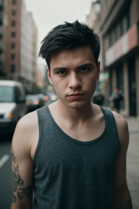 Film still, cinematic, photo of a man, band promo, emo guy, detailed skin texture, shot on film, vibrant colors, bokeh, motion blur,