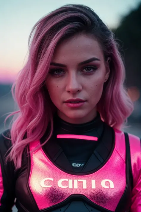 Film still, cinematic, photo of a cute woman, detailed skin texture, shot on canon 5d mk iv, vibrant colors, synthwave theme, synthwave outfit, glowing outfit, masterpiece, high detail, 8k, high detailed skin, 8k uhd, high quality