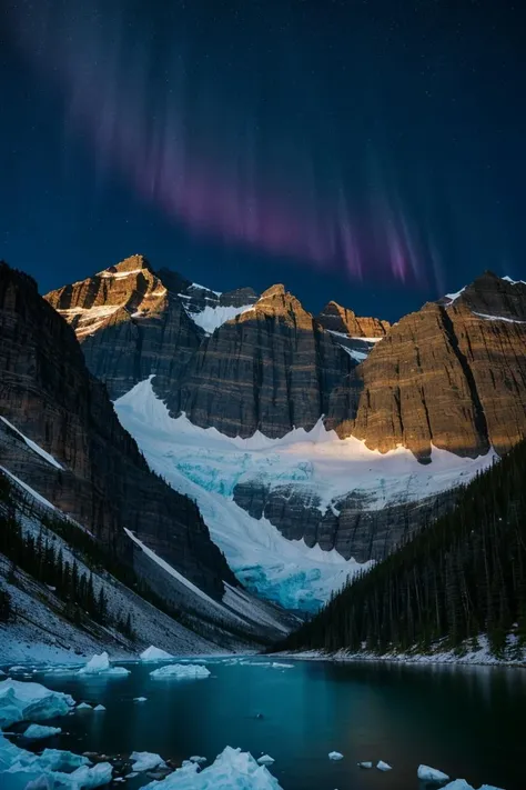 film still, Cinematic, A night photo of a of a layered mountains, massive mountain, telephoto lens, 200mm, long exposure, stars, polaroid colorful tone film, beautiful river,(magical cloudscape), mystical sky, aurora borealis, northern lights, at night, centered composition, symmetrical, glacier national park, Yellowstone, National Geographic, (galaxy), solar eclipse, rim light, shot on canon, shot on film, film grain