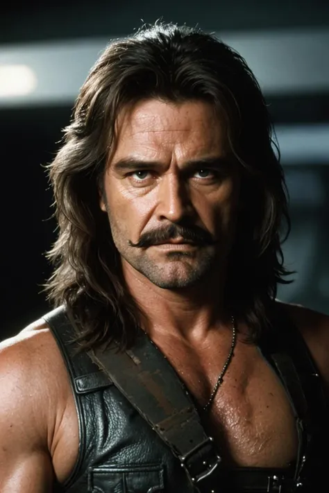 Snake Plissken, Escape from New York, cyberpunk, thick mustache,