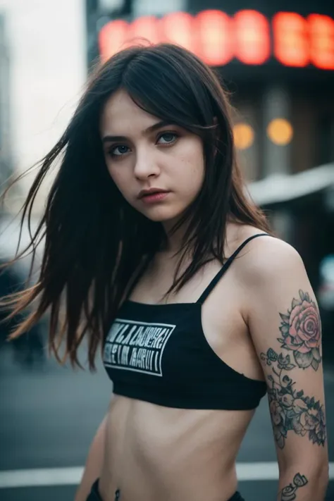 Film still, cinematic, photo of a girl, band promo, emo girl, detailed skin texture, shot on film, vibrant colors, bokeh, motion blur, detailed eyes, sharp focus, highly detailed