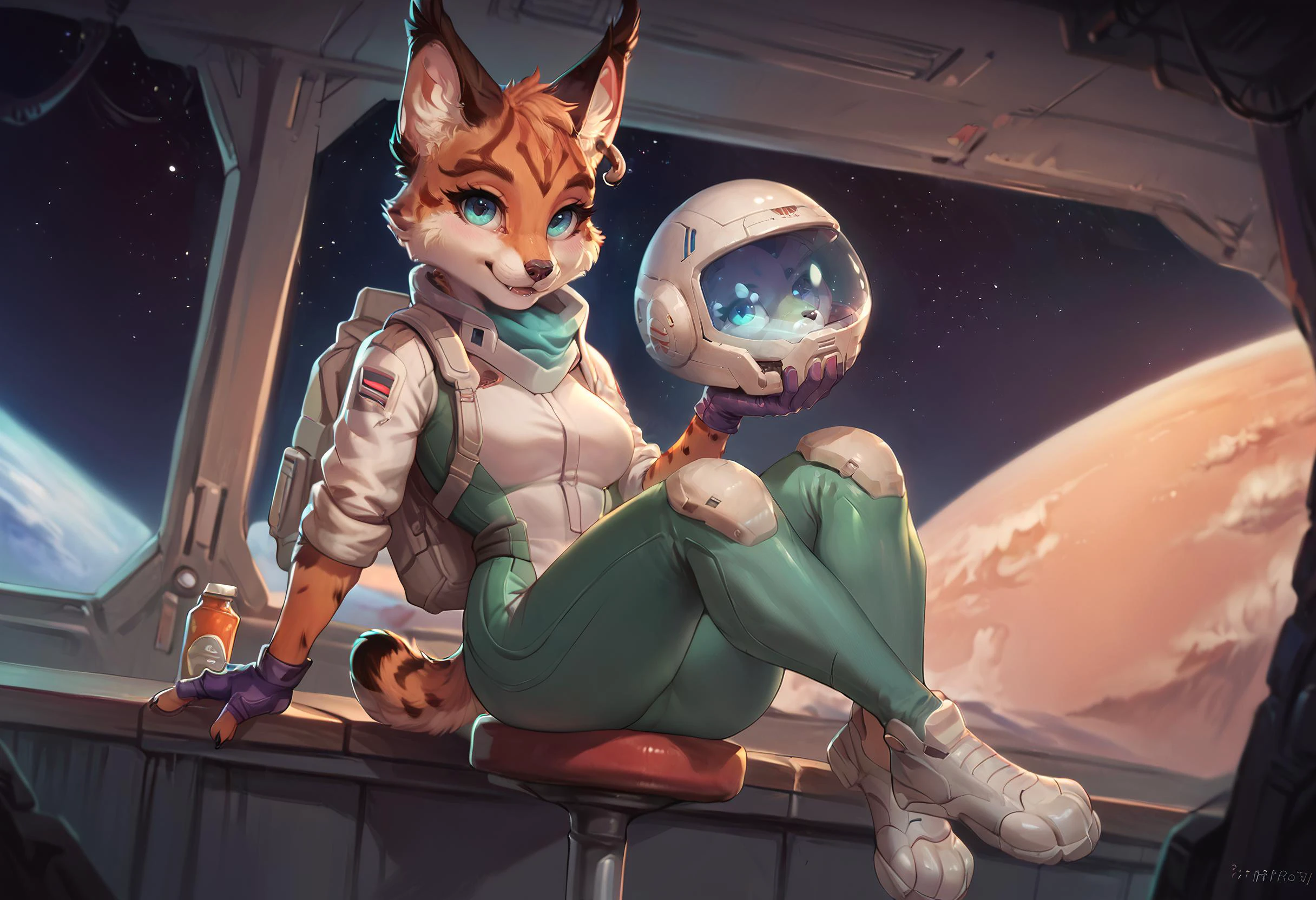 score_9, score_8_up, score_7_up, score_6_up,score_5_up,score_4_up, 1girl, solo, Miyu, furry, cute, sexy, space pilot costume, helmet on table, sitting down on bar stool, alcoholic drinks, looking at you, smiles, in a space bar, <lora:Miyu_Swift_Star_Fox:1>, ZPDXL, <lora:more_details:1> <lora:Concept Art Ultimatum Style LoRA_Pony XL v6:1> smooth anime,