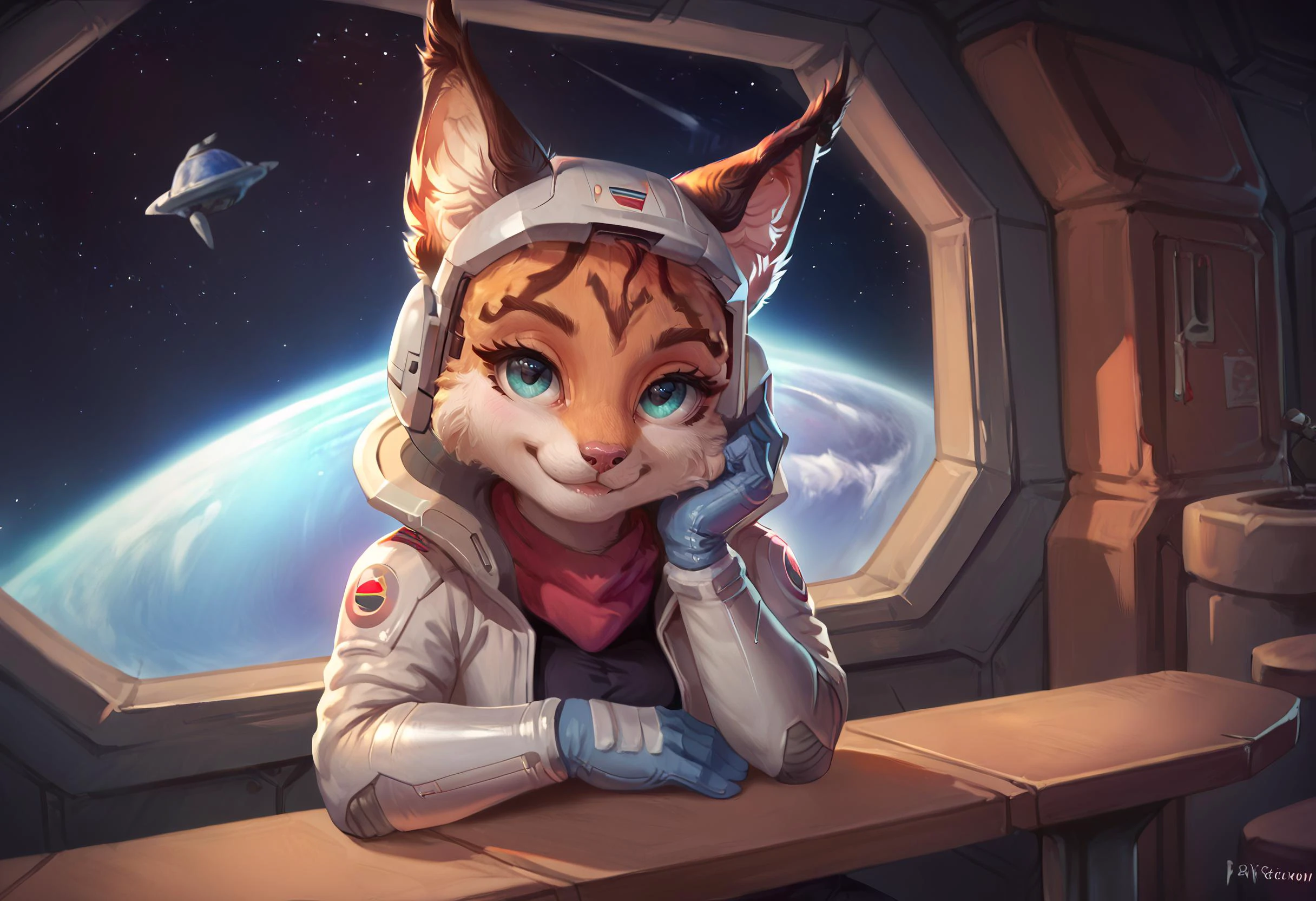 score_9, score_8_up, score_7_up, score_6_up,score_5_up,score_4_up, 1girl, solo, Miyu, furry, cute, sexy, space pilot costume, helmet on table, sitting down on bar stool, alcoholic drinks, looking at you, smiles, in a space bar, view from helmet reflection, <lora:Miyu_Swift_Star_Fox:1> <lora:norman_rockwell_style_animagine3.1_v12:1>, ZPDXL, <lora:more_details:1> <lora:Concept Art Ultimatum Style LoRA_Pony XL v6:1> smooth anime,