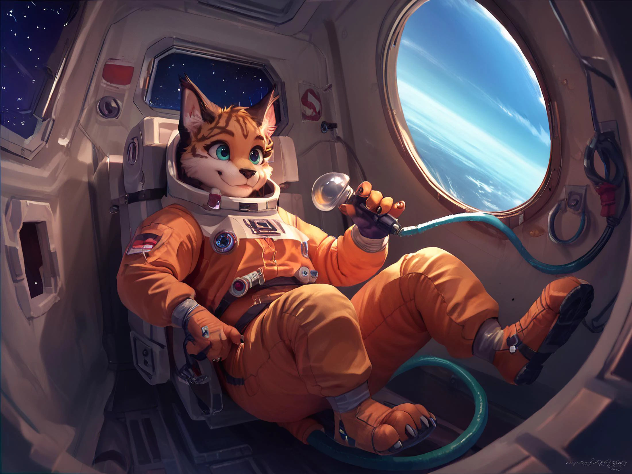 score_9, score_8_up, score_7_up, score_6_up, score_5_up, score_4_up, Space, seat, hose <lora:Space_capsule:.8> Miyu, furry, cute, sexy, space pilot costume, astronaut helmet, floating objects, <lora:Miyu_Swift_v2:1> <lora:more_details:3>, ZPDXL