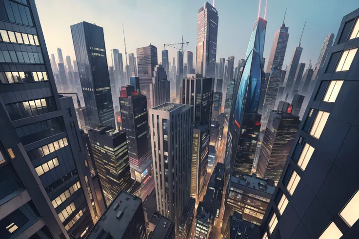 ((masterpiece)), ((best quality)), anime, illustration, vibrant colors, skyscraper scene, urban skyline, towering buildings, cityscape, modern architecture, glass facades, bustling metropolis, dynamic angles, vibrant lights, city lights, nighttime view, urban panorama, architectural marvels, high-rise structures, vertical city, concrete jungle, impressive height, bustling streets, urban energy, urban sprawl, skyscraper cluster.