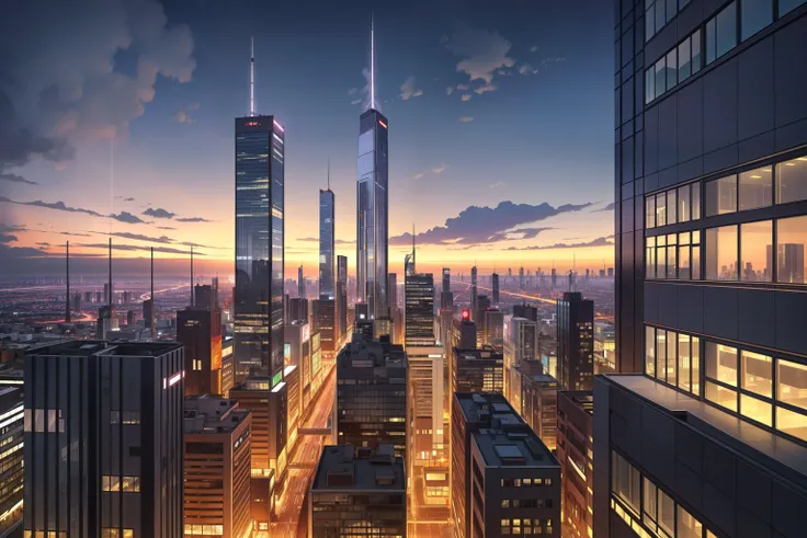 ((masterpiece)), ((best quality)), anime, illustration, vibrant colors, skyscraper scene, urban skyline, towering buildings, cityscape, modern architecture, glass facades, bustling metropolis, dynamic angles, vibrant lights, city lights, nighttime view, urban panorama, architectural marvels, high-rise structures, vertical city, concrete jungle, impressive height, bustling streets, urban energy, urban sprawl, skyscraper cluster.
