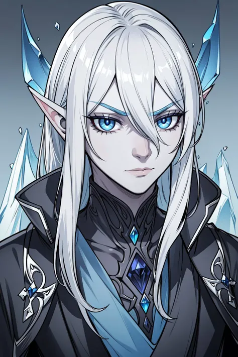 portrait, solo, upper body, looking at viewer, detailed background, detailed face, 1boy, drow, mysterious, dark elf, angular face shape, icy blue eye color, obsidian hair, intricate attire, enigmatic expression, haunting feeling of the image. <lora:AZovyaRPGArtistToolsLORAV2art0.2>
