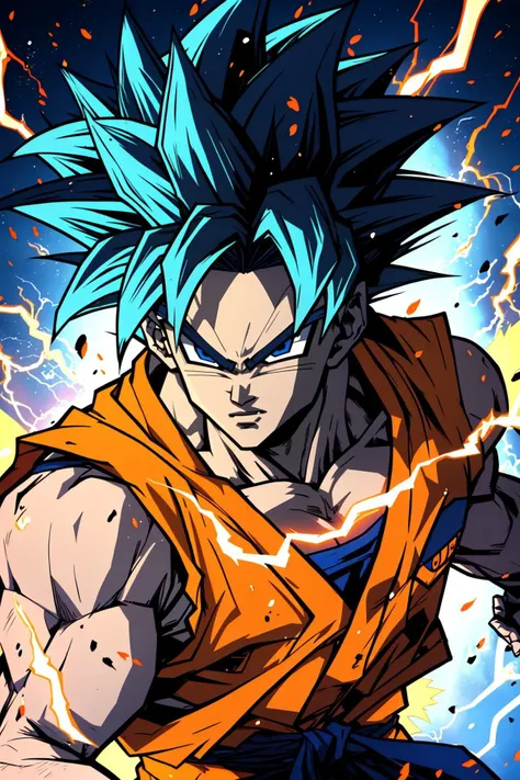 masterpiece, best quality, bold, colorful, anime, illustration, solo, dynamic pose, looking at viewer, detailed face, 1boy, dragonball, muscular, goku, blue hair, black eyes, orange clothes, r1ge, blue aura, electricity, <lora:r1ge - AnimeRage:0.3> <lora:son_goku:0.2>