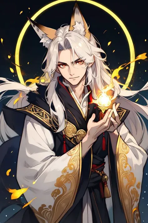 portrait, solo, upper body, looking at viewer, detailed background, detailed face, 1boy, spirit fox, mystical, glowing eyes, flowing locks, golden, arched eyebrows, ornate robes, ethereal fox tail, enchanting, mischievous, enchanted forest, shimmering magic, <lora:STYLE_CHINAHORRORPAseerSytxJourney:0.6>