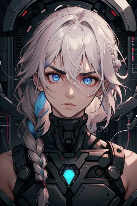 portrait, solo, upper body, looking at viewer, detailed background, detailed face, 1boy, Neural augmenter, mind-enhancing specialist, upper body, intense eyes, braided hairstyle, glowing hair color streaks, calculated eyebrows, neural enhancements, purposeful expression, cutting-edge laboratory setting, <lora:BioPunkAI:0.6>