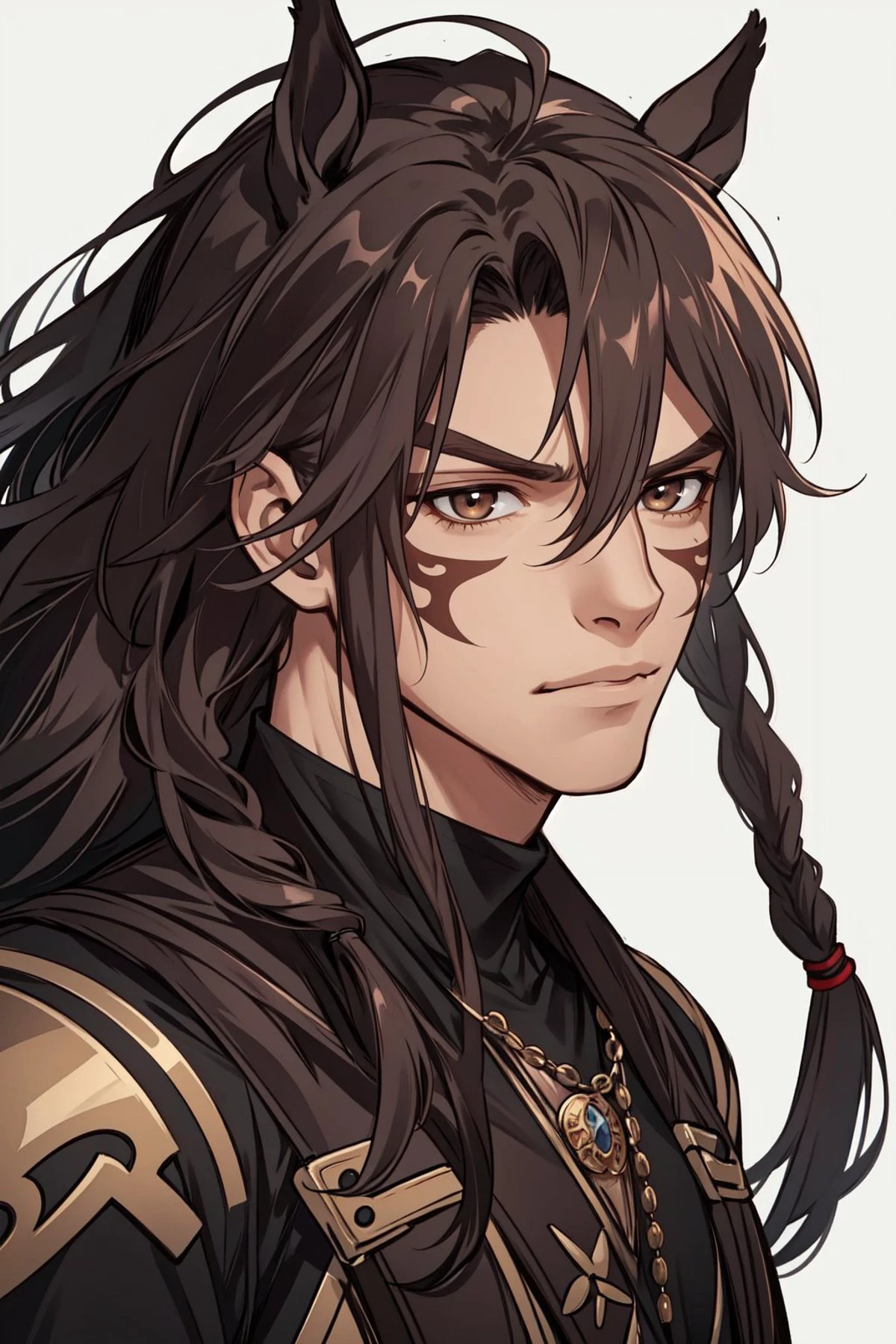 portrait, solo, upper body, looking at viewer, detailed background, detailed face, 1boy, centaur, majestic, half-human half-horse, muscular build, intense brown eye color, flowing mane, tribal markings, rustic armor, determined expression, wild spirit feeling of the image. <lora:AZovyaRPGArtistToolsLORAV2art:0.6>