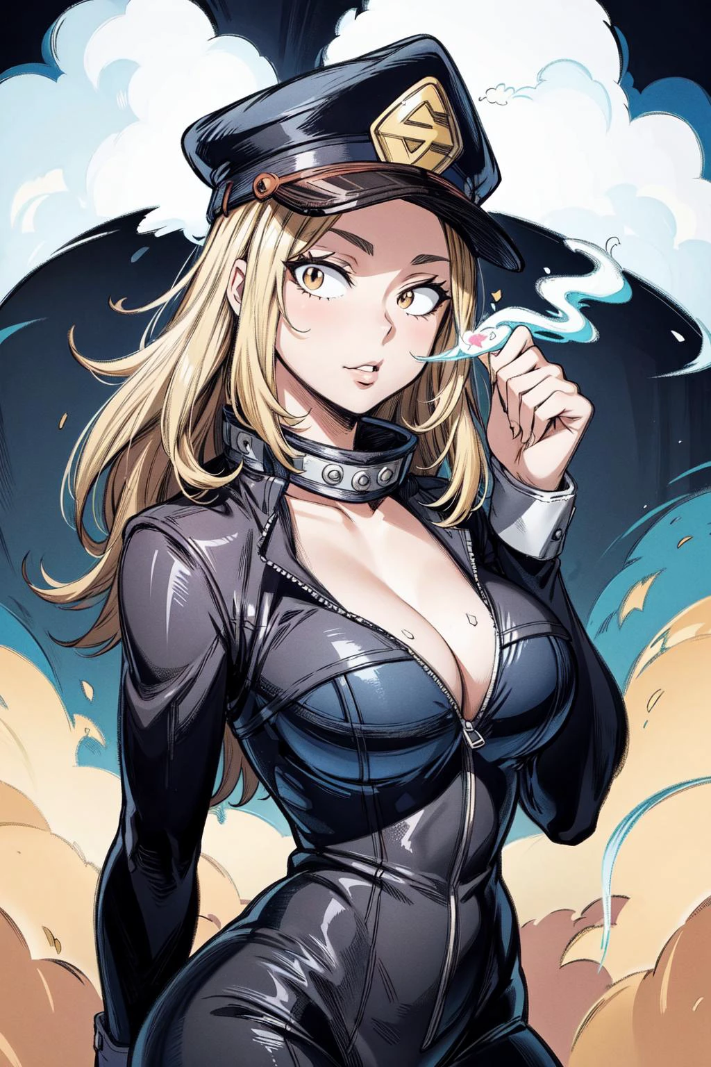 thick outlines, comics, photorealistic, masterpiece:1.2, , 1girl, solo, exhaling multi-colored smoke, <lora:mha_utsushimi:0.9>,utsushimi camie, peaked cap, black bodysuit, blonde hair, brown eyes, unzipped, cleavage, school, track and field, multi-colored smoke, detailed background, detailed face, detailed eyes, <lora:add_detail:0.7>