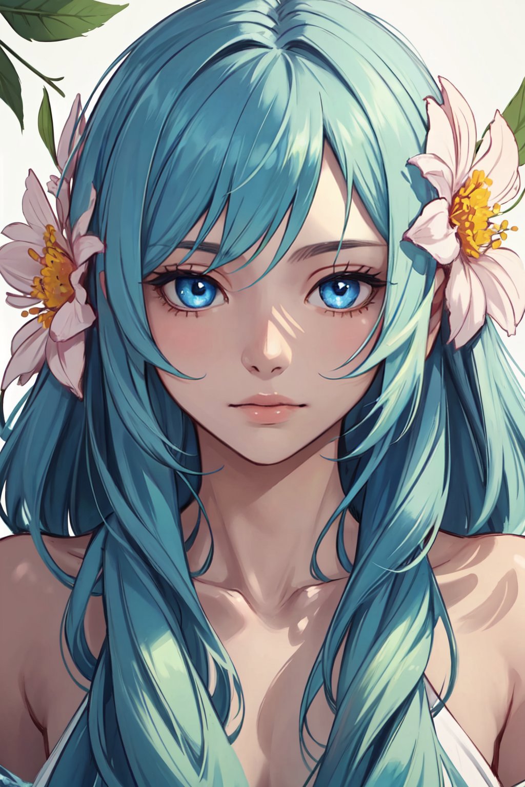 A woman with blue hair and flowers in her hair - SeaArt AI