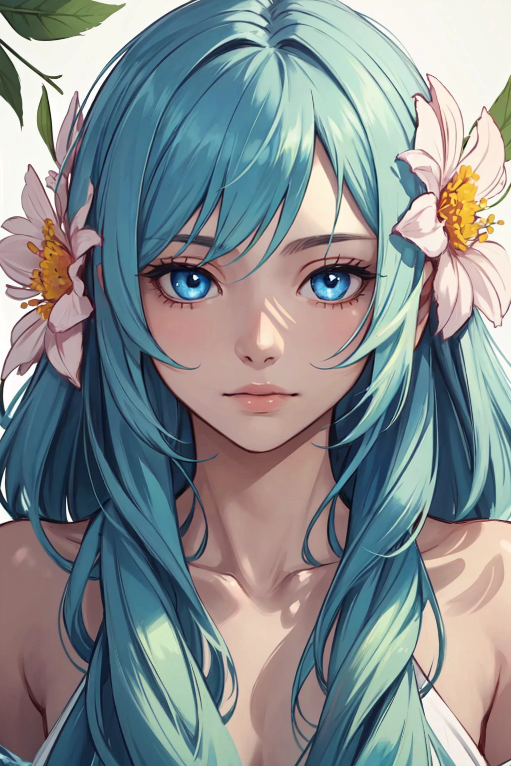 portrait, solo, upper body, looking at viewer, detailed background, detailed face, 1boy, Nymph, ethereal nature spirits, soothing blue eyes, hair that flows like leaves or water, adorned with flowers and natural elements, serene expression, caretakers of the natural world feeling of the image. <lora:sd-No.410cover:0.2>