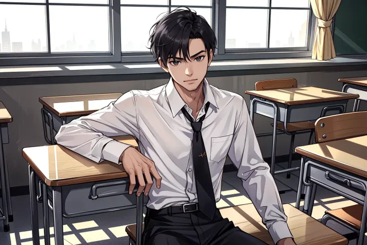 (masterpiece, best quality), 1boy, male focus, dynamic pose, solo, black hair, white shirt, long sleeves, collared shirt, school uniform, black pants, classroom, school desk, chair, window, indoors, desk, shirt.