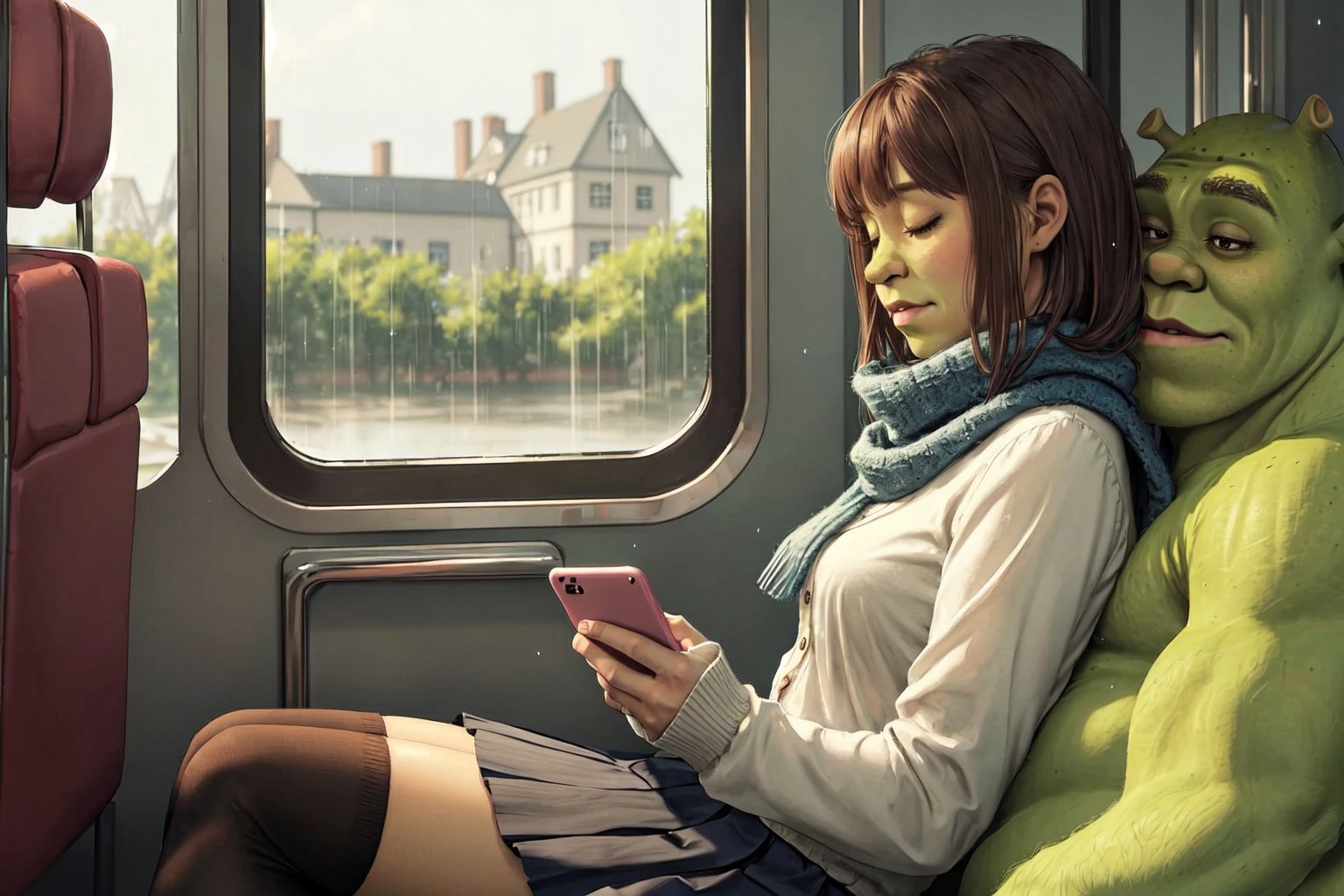 masterpiece, solo, dynamic angle, detailed face, portrait picture of (shrex:1.1), shrex, green skin, ogre, shrek, solo, heavy rain, train interior, blush, skirt, brown hair, shirt, thighhighs, long sleeves, sitting, school uniform, white shirt, pleated skirt, thighhighs, window, phone, sleeping, cardigan, cellphone, light particles, knitted scarf, reflection, <lora:ShrekDoguVersion2:0.8> <lora:transportation_by_window:0.4>