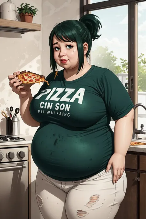 portrait, solo, cowboy shot, looking at viewer, detailed background, detailed face, 1girl, midoriya inko, green hair, short hair, short ponytail, green eyes, large breasts, curvy, (obese:1.5), plump, dirty clothes, stained clothes, eating pizza, stretchy cheese, <lora:chubby girl:0.35> <lora:Kizuki - My Hero Academia - Midoriya Inko:0.65>