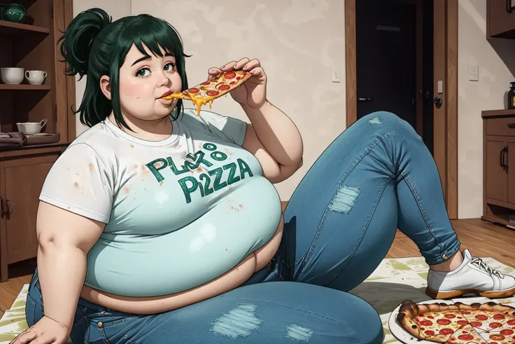 solo, sitting, looking at viewer, detailed background, detailed face, 1girl, midoriya inko, green hair, short hair, short ponytail, green eyes, large breasts, curvy, (obese:1.5), plump, dirty clothes, stained clothes, eating pizza, stretchy cheese, <lora:chubby girl:0.35> <lora:Kizuki - My Hero Academia - Midoriya Inko:0.65>