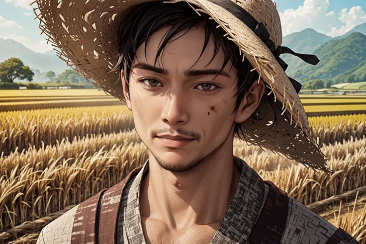 portrait, solo, upper body, looking at viewer, detailed background, detailed face, 1boy, Humble farmer-turned-samurai, calloused hands, worn clothing, straw hat, content expression, vibrant rice fields, outward strength, <lora:ManyBladesAIv20.2>