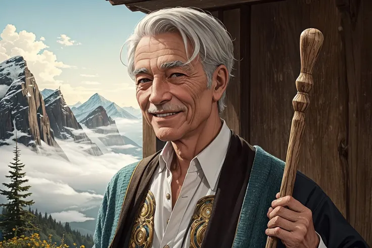 portrait, solo, upper body, looking at viewer, detailed background, detailed face, 1boy, Sage master, wrinkled face, graying eyebrows, traditional wooden staff, knowing smile, foggy mountaintop, calming presence, <lora:ManyBladesAIv20.2>