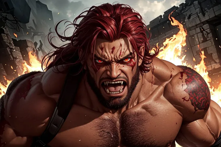 portrait, solo, upper body, looking at viewer, detailed background, detailed face, 1boy, troll, rugged, brutish, hulking build, fiery red eye color, gnarled hair, tattered loincloth, menacing expression, ferocious feeling of the image.