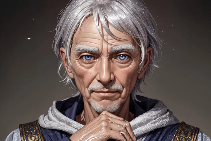 portrait, solo, upper body, looking at viewer, detailed background, detailed face, 1boy, wise elder, oblong face, sparkling eyes, silver hair, wispy eyebrows, frail body, ancient robes, wisdom-carved in hand, knowing expression, timeless aura, <lora:CeltPunkAI0.2>