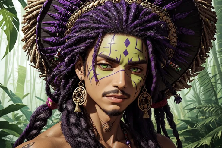 portrait, solo, upper body, looking at viewer, detailed background, detailed face, 1boy, witch doctor, mysterious, piercing green eyes, dreadlocks, dark purple, thin eyebrows, tribal attire, bone ornaments, secretive, shamanistic, dense jungle, mystical chants, <lora:STYLE_CHINAHORRORPAseerSytxJourney0.2>