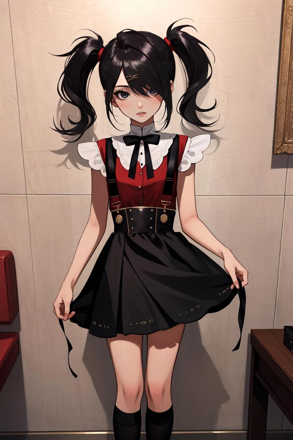 (masterpiece, best quality), intricate details,
1girl, <lora:amechan:0.8> black eyes, black hair, twintails, jirai kei, suspenders, red shirt, black skirt, black socks, kneehighs, mary janes