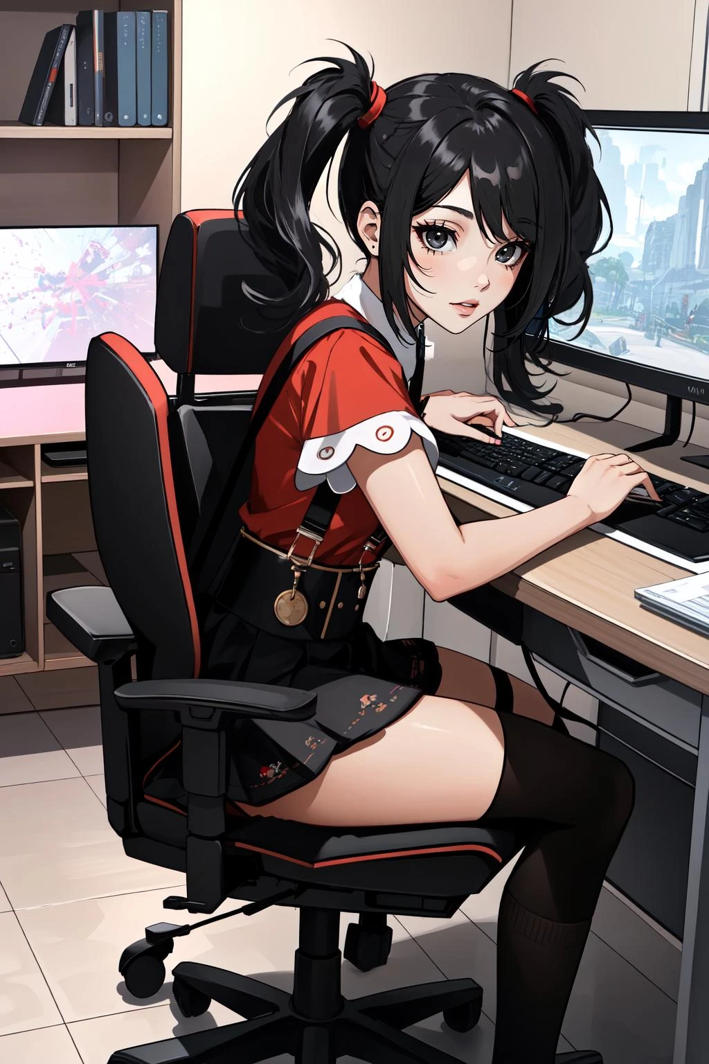 (masterpiece, best quality), intricate details,
1girl, <lora:amechan:0.8> black eyes, black hair, twintails, jirai kei, suspenders, red shirt, black skirt, black socks, kneehighs, mary janes
<lora:ARWgameroomconcept:0.8> gameroomconcept, desk, computer, monitors, keyboard, gaming, computer chair,
