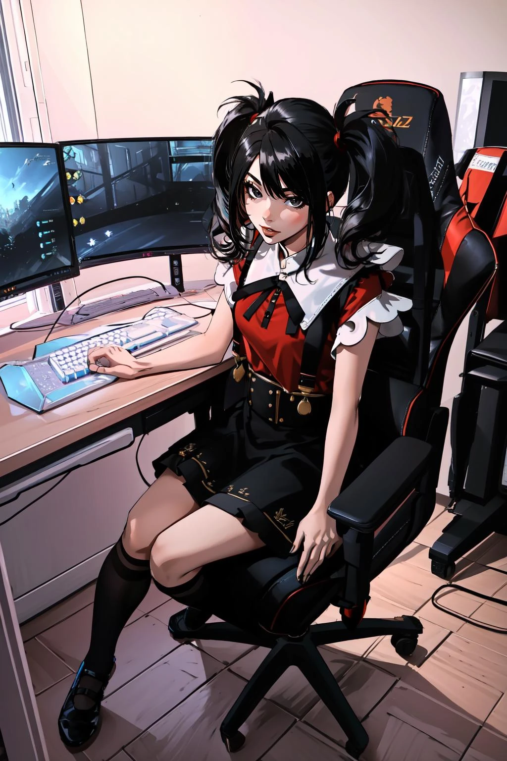 (masterpiece, best quality), intricate details,
1girl, <lora:amechan:0.8> black eyes, black hair, twintails, jirai kei, suspenders, red shirt, black skirt, black socks, kneehighs, mary janes
<lora:ARWgameroomconcept:0.8> gameroomconcept, desk, computer, monitors, keyboard, gaming, computer chair, <lora:gaming_chair_v1:0.8> gaming chair