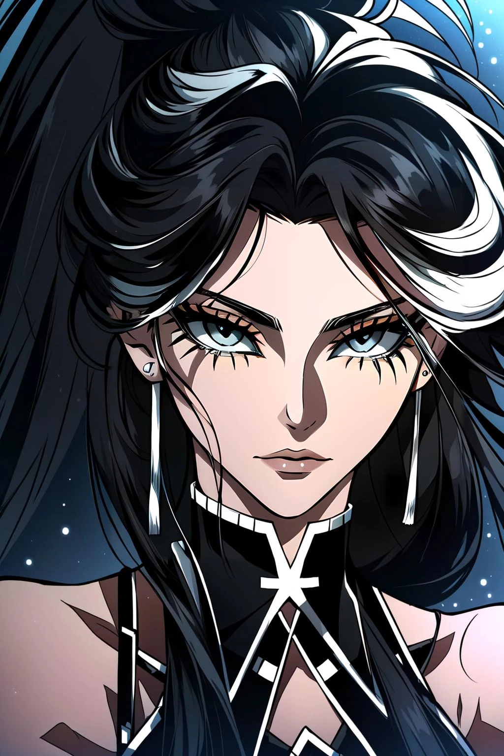 (masterpiece, best quality), intricate details,
1girl, <lora:seolha:0.8>long hair, small breasts, makeup, black eyeliner, (expressionless), (two-tone hair:1.2),looking at viewer, (()