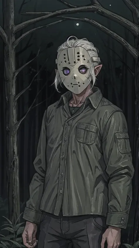 masterpiece, best quality, bright colors, J3YS, 1girl, Elf, Dark skin, white hair, purple eyes, dressed like Jason Voorhees, <lora:voorhees:0.8> forest, night time,