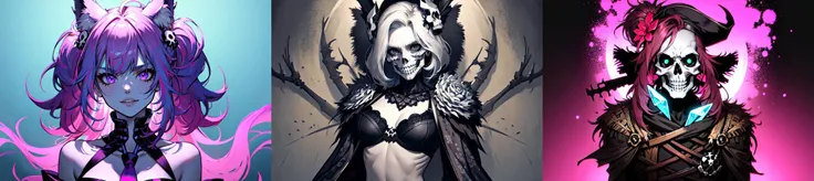 highly insanely detailed, masterpiece, top quality, best quality, highres, 4k, 8k, RAW photo, (very aesthetic, beautiful and aesthetic),
__lazy-wildcards/subject/env-elem/skull/prompts__,
(1girl:1.3), 1other,
{0.3::(__lazy-wildcards/subject/costume-ethnicity-body-skin-tone/dark-skinned/prompts__:1.1)|},
{__lazy-wildcards/prompts/hair__|},
__lazy-wildcards/dataset/background__,âââ
