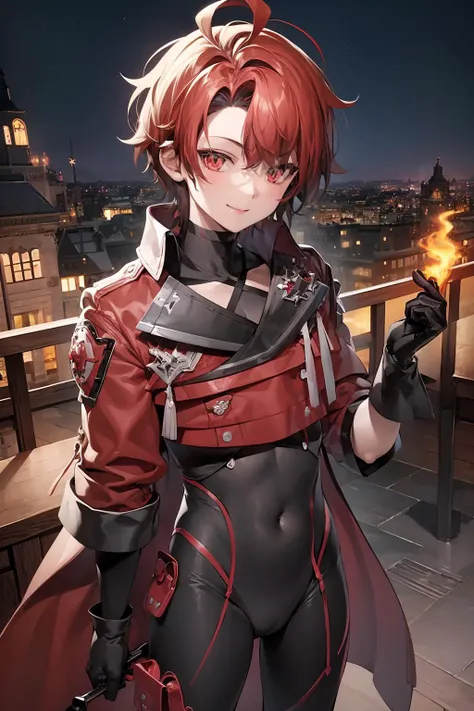 (extremely detailed CG unity 8k wallpaper), (best quality), (ultra-detailed), 1boy, flayon, standing, looking at viewer, <lora:flayon:0.7>, flayon, red eyes, gloves, jacket, bodysuit, ahoge, smiling, red castle background